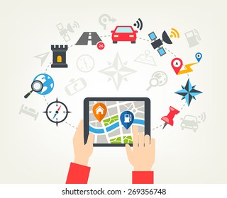 Navigation icons background - human hands holding a tablet and checking a map with navigation icons or a mobile app.