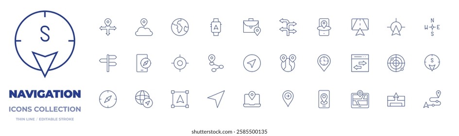 Navigation icons collection. Thin Line icons, editable stroke. globe, gps, navigator, architecture and ciy, cloud, compass, direction, pin, turn, navigation, route.