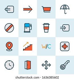 Navigation icons colored line set with way in, cart, navigation and other exit elements. Isolated vector illustration navigation icons.