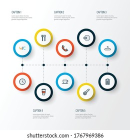 Navigation icons colored line set with hanger, key, garbage and other entrance elements. Isolated vector illustration navigation icons.