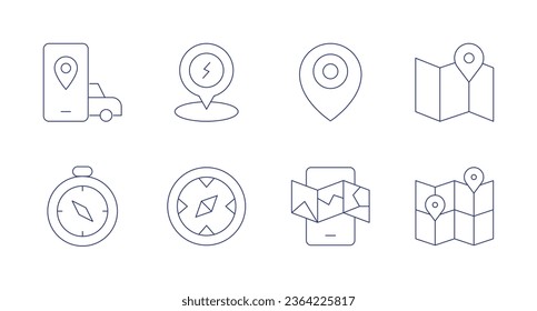 Iconos de navegación. Trazo editable. Contiene aplicación, carga, brújula, ubicación, mapa, mapa móvil, navegación.