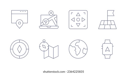 Navigation icons. Editable stroke. Containing browser, compass, controller pad, flag, globe, gps, laptop, map.