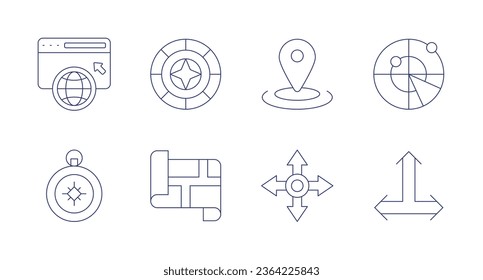 Navigation icons. Editable stroke. Containing browser, compass, guidance, location, map, navigation, radar, t junction.