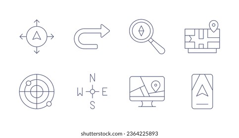 Navigation icons. Editable stroke. Containing discover, gps, navigation, navigator, radar, turn right, wind rose.