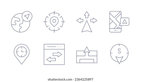 Iconos de navegación. Trazo editable. Conteniendo direcciones, gps, navegación, pin, enrutamiento, destino.