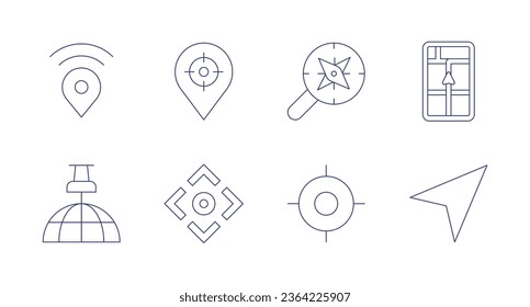 Navigation icons. Editable stroke. Containing discover, gps, navigation, pin, scroll, targeting.
