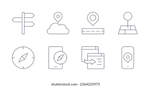 Navigationssymbole. Bearbeitbarer Strich. Enthält Architektur und Stadt, Cloud, Kompass, Position, Navigation, Punkt, Smartphone.