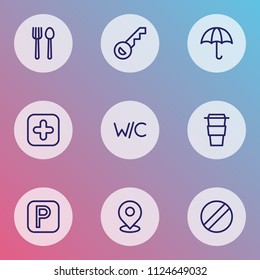 Navigation icons line style set with wc, key, coffee and other takeaway elements. Isolated vector illustration navigation icons.