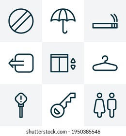 Navigation icons line style set with way out, exclamation sign, disabled and other opener elements. Isolated vector illustration navigation icons.