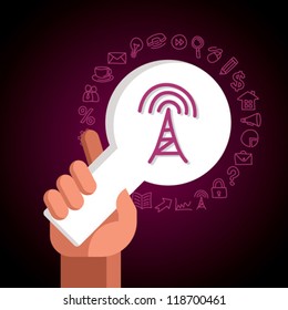 Navigation Icons pointers, paper icons and magnifying glass with hand and graphic representation of some of the most popular web icons