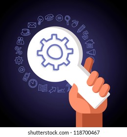 Navigation Icons pointers, paper icons and magnifying glass with hand and graphic representation of some of the most popular web icons