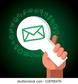 Navigation Icons pointers, paper icons and magnifying glass with hand and graphic representation of some of the most popular web icons