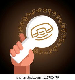 Navigation Icons pointers, paper icons and magnifying glass with hand and graphic representation of some of the most popular web icons