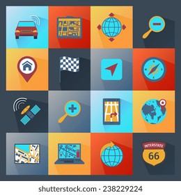 Navigation icons route search gps guide flat set isolated vector illustration