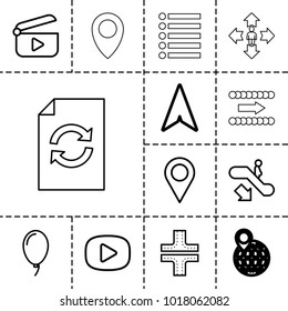 Navigation icons. set of 13 editable outline navigation icons such as escalator down, road, location, balloon, play, man move, reload, arrow, navigation arrow, pin on globe