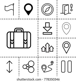 Navigation icons. set of 13 editable outline navigation icons such as map location, compass, share, distance, flag, luggage, pause, download, door warning, arrow, location pin