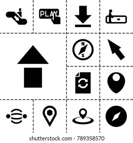 Navigation icons. set of 13 editable filled navigation icons such as escalator, compass, arrow up, atom interaction, location, download, pointer, escalator down