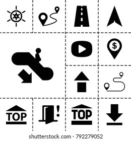 Navigation icons. set of 13 editable filled navigation icons such as escalator down, arrow up, top of cargo box, distance, road, download, door warning, dollar location, play