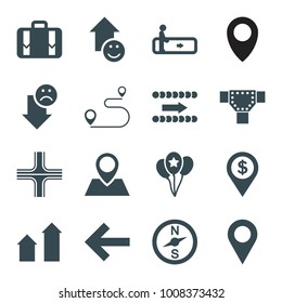 Navigation icons. set of 16 editable filled navigation icons such as escalator, arrow up, road, location, compass, luggage, back, balloon, dollar location, arrow down, arrow