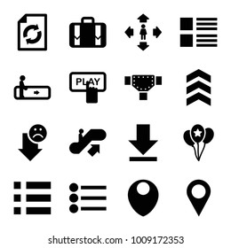 Navigation icons. set of 16 editable filled navigation icons such as escalator, escalator up, finger pressing play button, man move, reload, menu, luggage, download, balloon