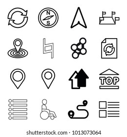 Navigation icons. set of 16 editable outline navigation icons such as arrow up, reload, map location, menu, location, compass, top of cargo box, locations, share, disabled