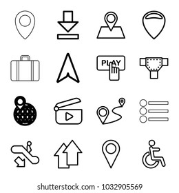 Navigation icons. set of 16 editable outline navigation icons such as escalator down, road, finger pressing play button, location, disabled, location pin, distance, download