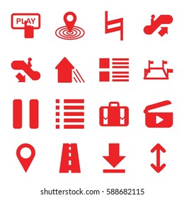 navigation icons set. Set of 16 navigation filled icons such as escalator up, escalator down, Finger pressing play button, map location, road, luggage, pause, download, menu