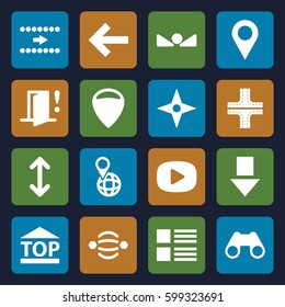 navigation icons set. Set of 16 navigation filled icons such as road, top of cargo box, pin on globe, binoculars, arrow up, door warning, arrow, play, compass