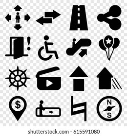 Navigation icons set. set of 16 navigation filled icons such as escalator, escalator up, man move, disabled, helm, road, pause, balloon, arrow up, door warning, play, arrow
