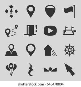 Navigation icons set. set of 16 navigation filled icons such as man move, location pin, distance, helm, flag, pause, balloon, arrow up, door warning, map location, play