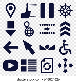 Navigation icons set. set of 16 navigation filled icons such as man move, reload, disabled, pin on globe, helm, location, pause, arrow up, lighthouse, arrow, play, pointer