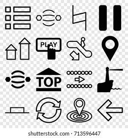 Navigation icons set. set of 16 navigation filled and outline icons such as finger pressing play button, top of cargo box, pause, lighthouse, atom interaction, escalator down