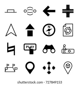 Navigation icons set. set of 16 navigation filled and outline icons such as road, finger pressing play button, man move, binoculars, pause, map location, escalator, reload