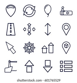navigation icons set. Set of 16 navigation outline icons such as escalator, arrow up, man move, helm, road, location, balloon, lighthouse, arrow, pointer, arrow down, menu