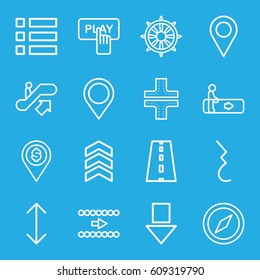 Navigation icons set. set of 16 navigation outline icons such as escalator, escalator up, road, Finger pressing play button, helm, pause, map location, arrow, location