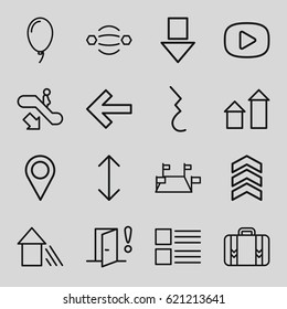 Navigation icons set. set of 16 navigation outline icons such as escalator down, arrow up, luggage, pause, balloon, door warning, arrow, location pin, play, menu