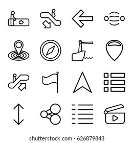Navigation icons set. set of 16 navigation outline icons such as escalator, escalator up, escalator down, map location, navigation arrow, flag, menu, lighthouse, arrow, play