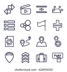 Navigation icons set. set of 16 navigation outline icons such as road, Finger pressing play button, reload, pin on globe, location pin, distance, flag, luggage, arrow, play