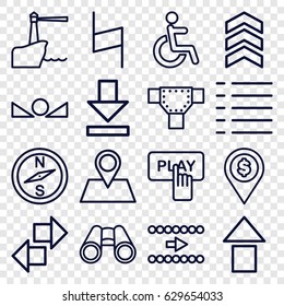 Navigation icons set. set of 16 navigation outline icons such as road, finger pressing play button, disabled, location pin, binoculars, pause, download, menu, arrow up