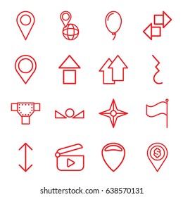 Navigation icons set. set of 16 navigation outline icons such as road, pin on globe, flag, pause, balloon, arrow up, map location, arrow, play, compass, dollar location