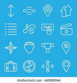 Navigation icons set. set of 16 navigation outline icons such as escalator up, road, finger pressing play button, man move, location, luggage, menu, arrow up, arrow