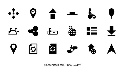 Navigation icons. set of 18 editable filled navigation icons: escalator, man move, reload, menu, share, arrow up, navigation arrow, locations, music pause, download, location