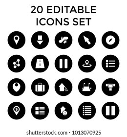 Navigation icons. set of 20 editable filled navigation icons such as escalator up, road, menu, compass, arrow down, pause. best quality navigation elements in trendy style.