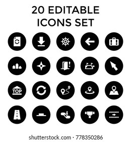 Navigation icons. set of 20 editable filled navigation icons such as arrow, top of cargo box, location pin, distance, helm. best quality navigation elements in trendy style.