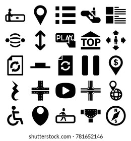 Navigation icons. set of 25 editable filled navigation icons such as escalator, road, man move, reload, menu, disabled, atom interaction, top of cargo box, pin on globe