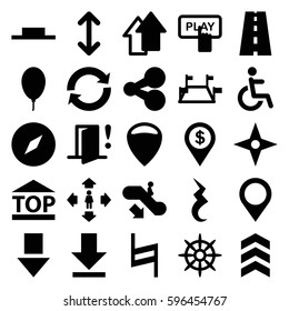 navigation icons set. Set of 25 navigation filled icons such as escalator down, Finger pressing play button, man move, disabled, top of cargo box, helm, road, music pause
