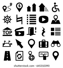 Navigation icons set. set of 25 navigation filled icons such as arrow up, finger pressing play button, reload, disabled, top of cargo box, pin on globe, location pin, distance