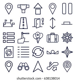 Navigation icons set. set of 25 navigation outline icons such as escalator up, road, reload, navigation arrow, helm, binoculars, luggage, music pause, pause, menu, balloon