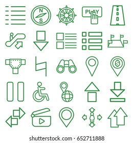 Navigation icons set. set of 25 navigation outline icons such as escalator up, road, finger pressing play button, man move, disabled, pin on globe, helm, binoculars, pause