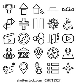 Navigation icons set. set of 25 navigation outline icons such as road, map location, disabled, top of cargo box, pin on globe, location pin, distance, helm, music pause, pause